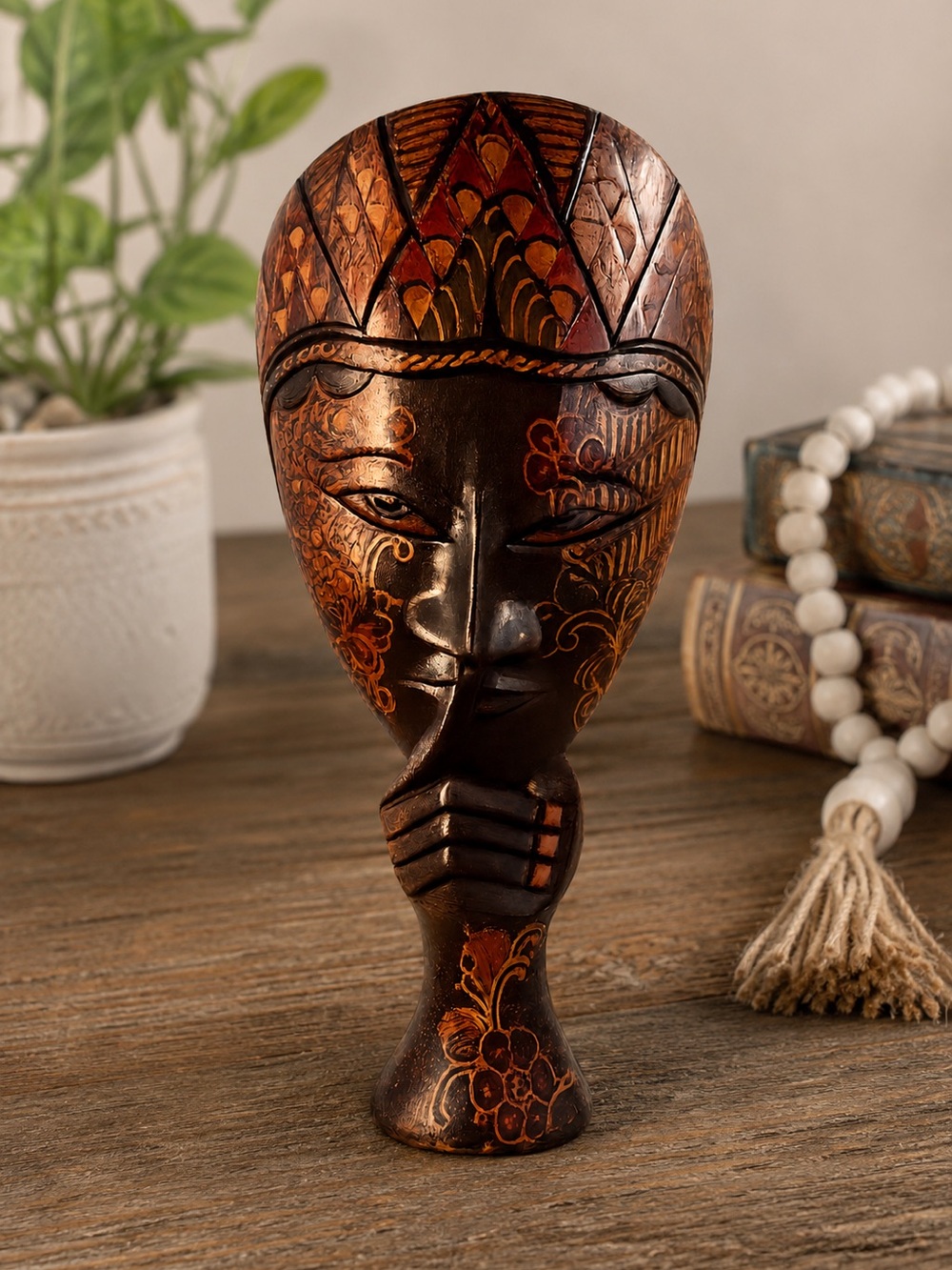 Carved Wooden Decorative Mask Statue - Brown & Copper Accents